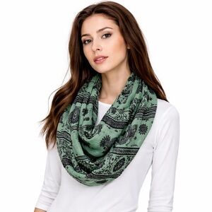 Boho Elephant Print Infinity Scarf Green Black Lightweight